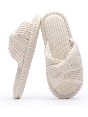Women's Beige Slides Slipper Home Bedroom Bathroom Open Toe Corduroy Shoes